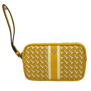 Tory Burch T Zag Wristlet Daylily Pebbled Leather Woven Monogram T Pattern